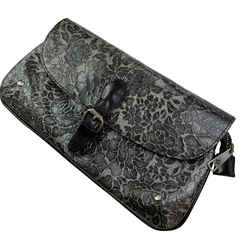 Patricia Nash Metallic Silver Floral Embossed Leather Clutch Evening Bag Black
